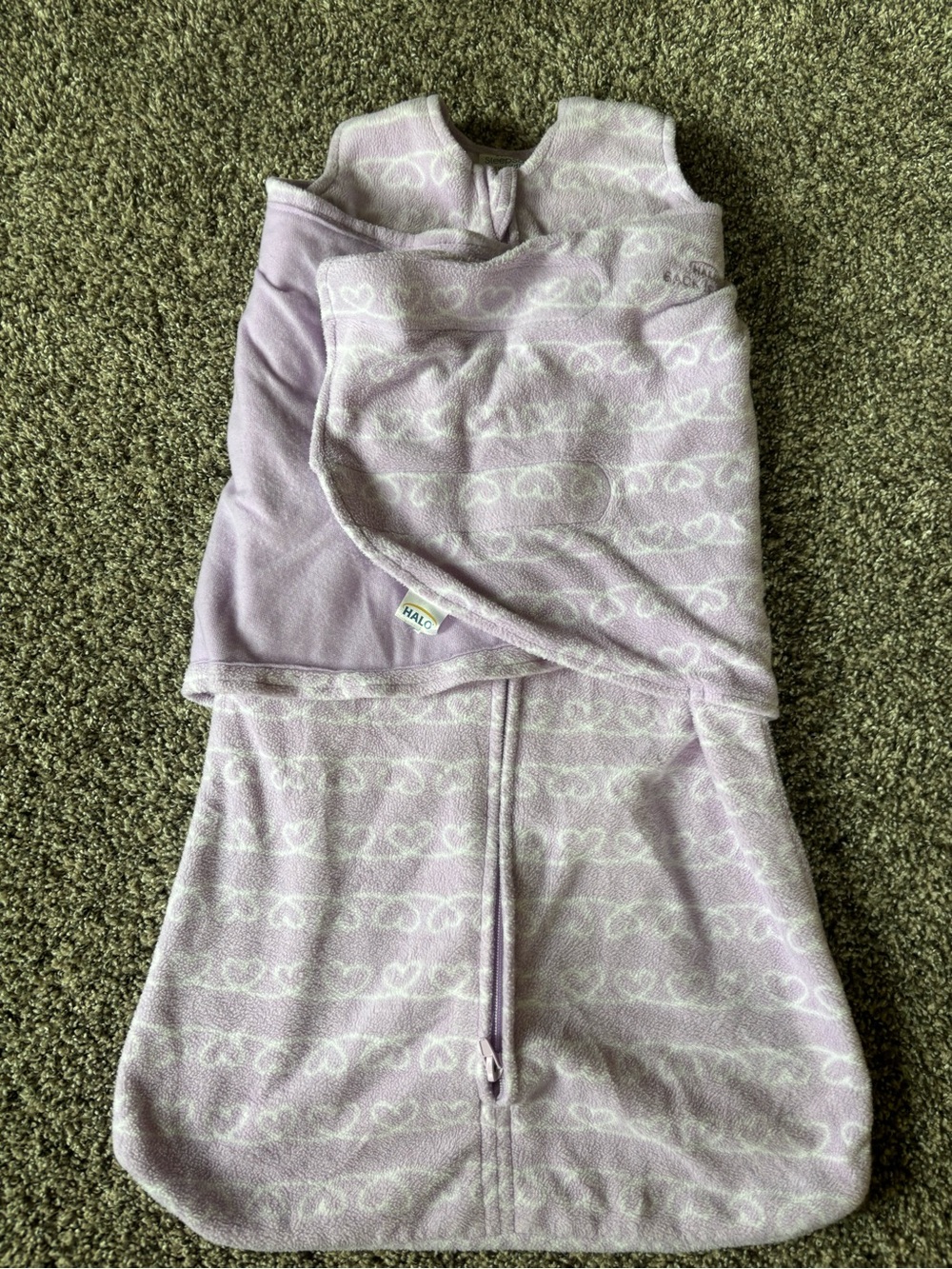 Halo Lavender Baby Sleep Sack with White Heart Stripe Pattern